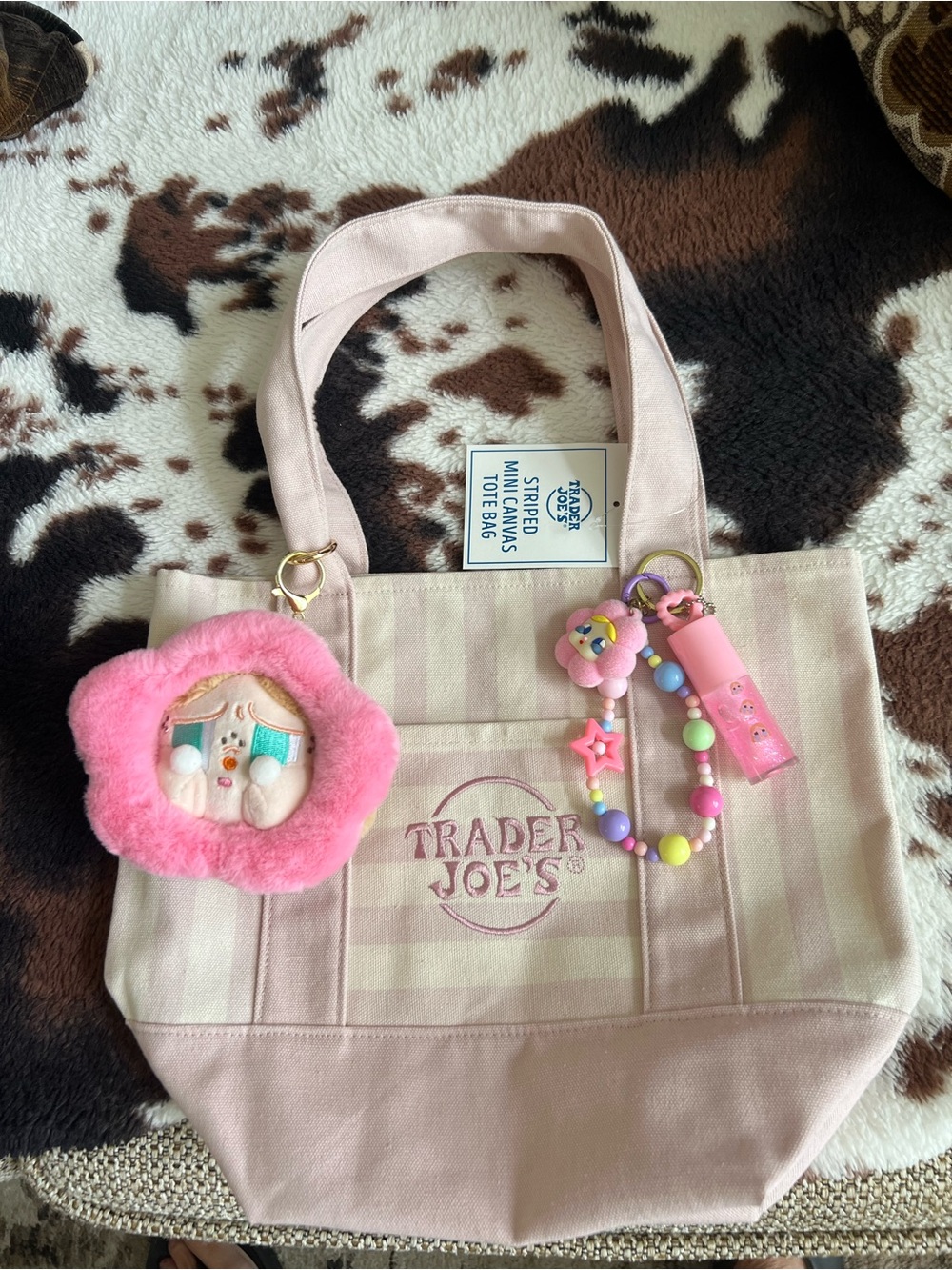 Trader Joe’s  striped Pink Mini Canvas Tote Bag with Cute Cry Baby accessories